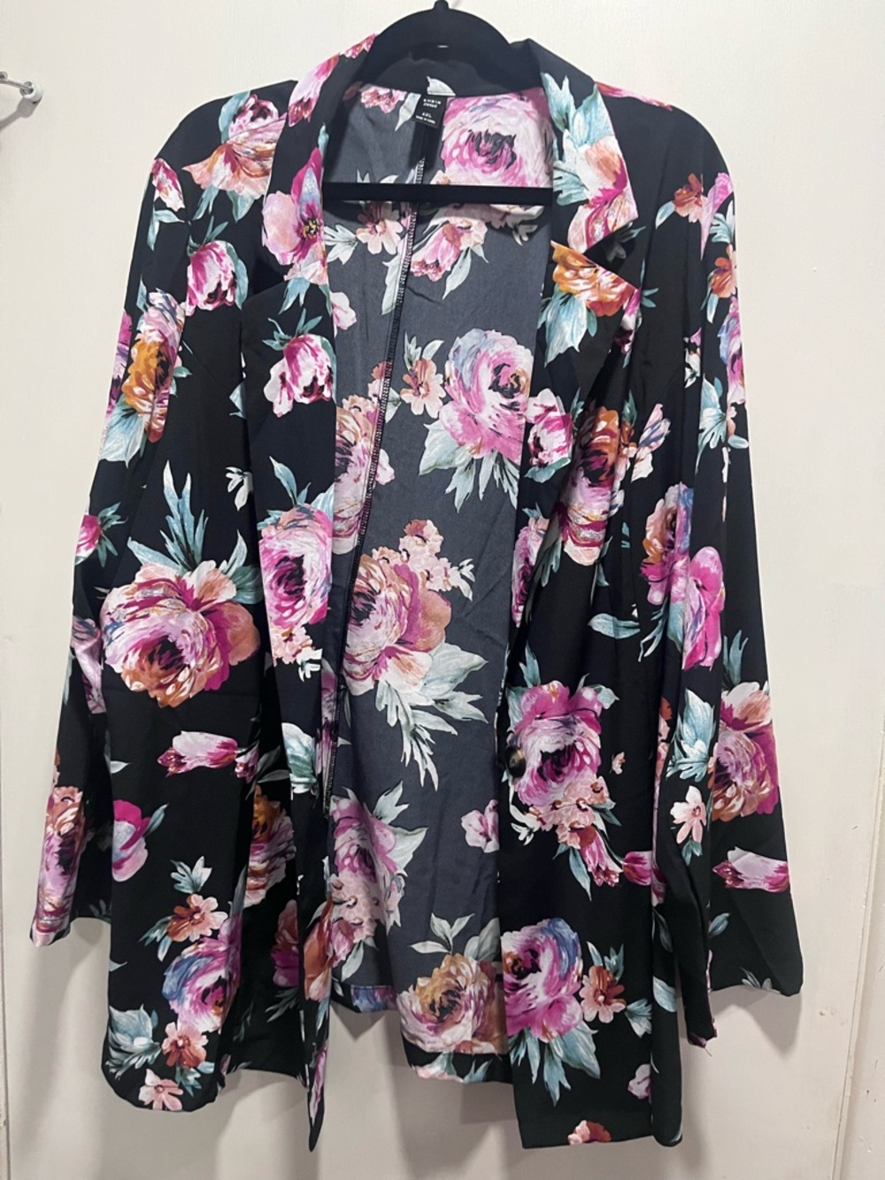 SHEIN Black Floral Open Cardigan with Pink Rose Motif